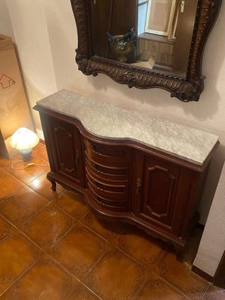 Mesa de entrada y espejo madera y mármol