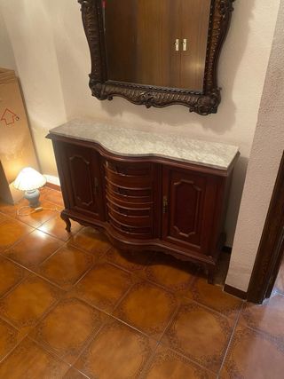 Mesa de entrada y espejo madera y mármol