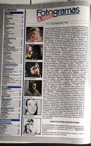 Revista de cine Fotogramas 1722 septiembre 1986