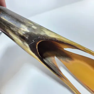 Due sculture a forma di uccelli in corno.