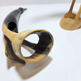 Due sculture a forma di uccelli in corno.