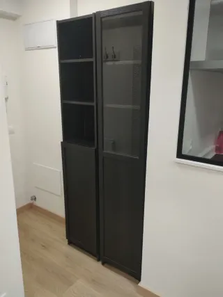 Estantería y vitrina negra con cristal