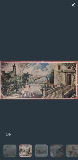 Lámina antigua niñas jardín castillo