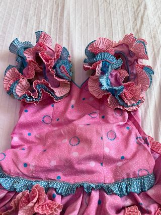 Vestido Flamenca Rosa y Azul Volantes