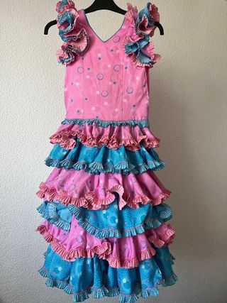 Vestido Flamenca Rosa y Azul Volantes