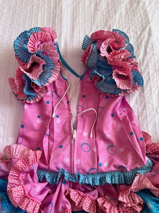Vestido Flamenca Rosa y Azul Volantes