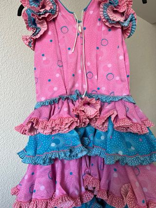 Vestido Flamenca Rosa y Azul Volantes