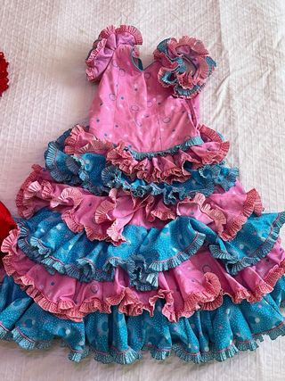 Vestido Flamenca Rosa y Azul Volantes