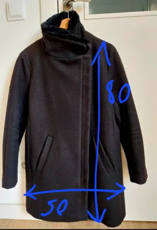 Abrigo lana paño negro cuello pelo extraible