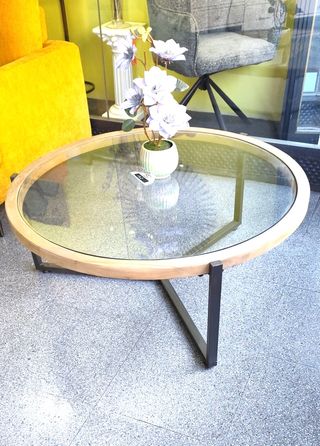 Mesa redonda cristal y madera 100cm