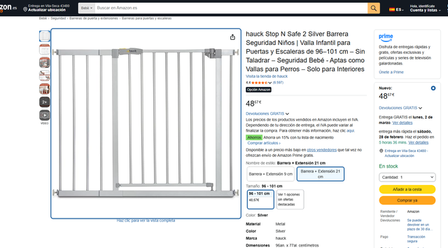 Barrera seguridad niños 96-101 cm plata