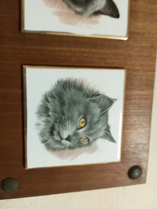 Cuadro Decorativo Gatos Cerámica y Madera