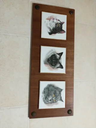 Cuadro Decorativo Gatos Cerámica y Madera