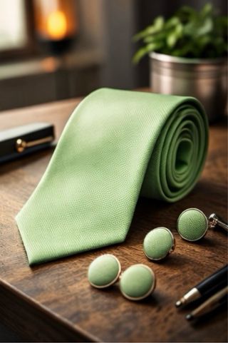 Corbata, pañuelo y gemelos verde/gris