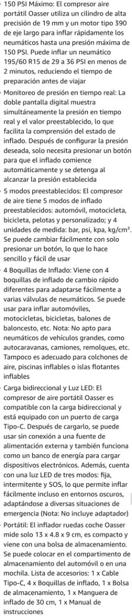 Compresor Aire Portátil Oasser 150 PSI
