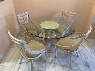 Mesa redonda cristal y mármol,4 sillas incluidas
