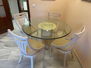Mesa redonda cristal y mármol,4 sillas incluidas