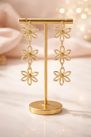 Pendientes Largos Dorados Flor Elegante Mujer