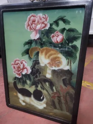 Cuadro Chino antiguo gatos y flores