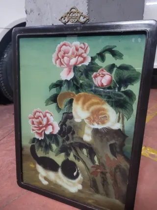 Cuadro Chino antiguo gatos y flores