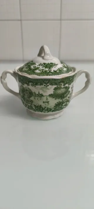Azucarero de porcelana verde y blanco
