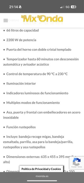 Horno de sobremesa Mx-Onda modelo:Mx-HC2600 66l