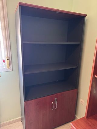 Mesa de oficina, dos armarios, estantería