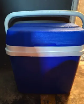 Nevera portátil azul y blanca