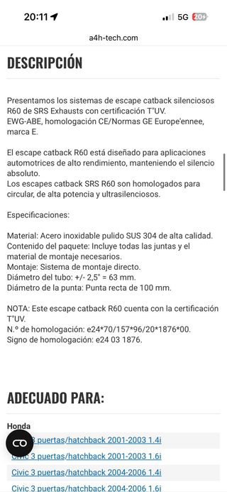 Escape SRS R60 Civic EP Homologado