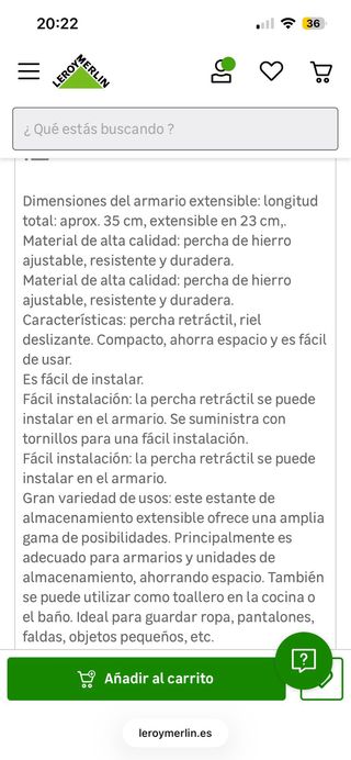 Barra Ropa Armario Extensible 35cm