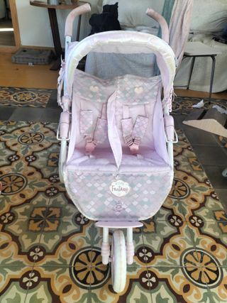 Carrito gemelar para muñecas rosa