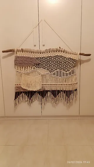 Tapiz Macramé Pared Madera Beige Marrón