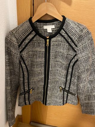 Chaqueta H&M Mujer Tweed Cremallera Negra Gris