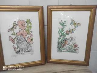 Coppia di acqueforti con gatti e farfalle