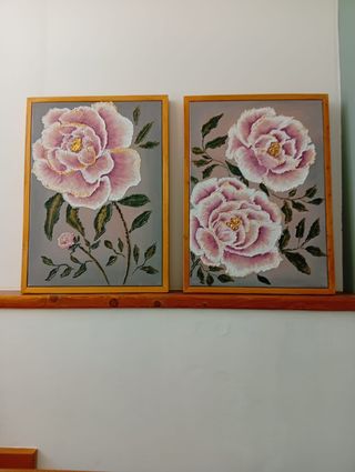 Coppia Quadri Paeonia Legno