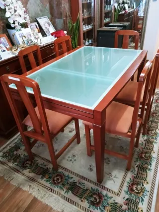 Tavolo da pranzo e 6 sedie in legno e vetro