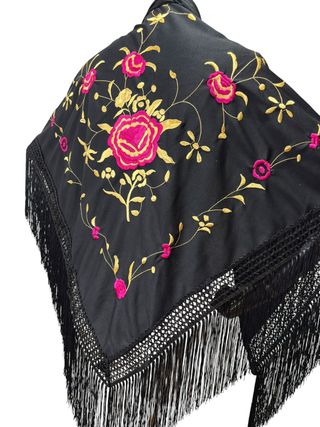 Manton Flamenco Negro Bordado Flores multicolores