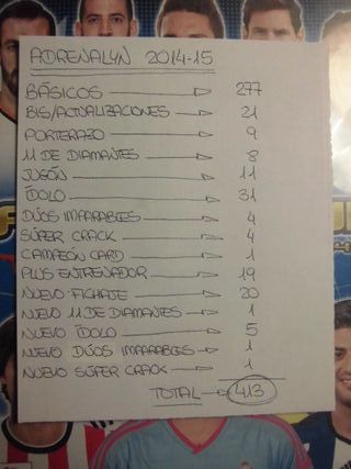 ÁLBUM ARCHIVADOR ADRENALYN 2014-15 + 413 CARTAS