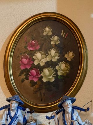 Cuadro floral ovalado dorado