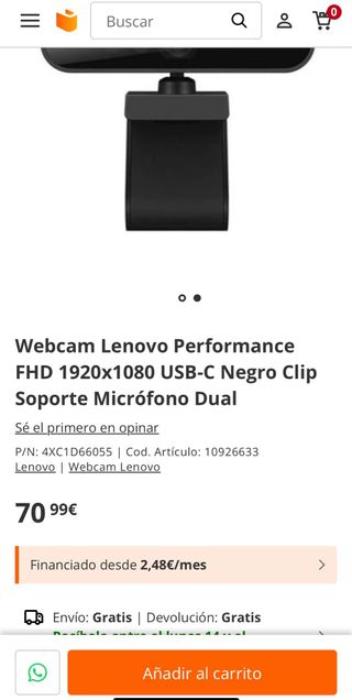 Webcam Lenovo Full HD 1080 con 2 micros