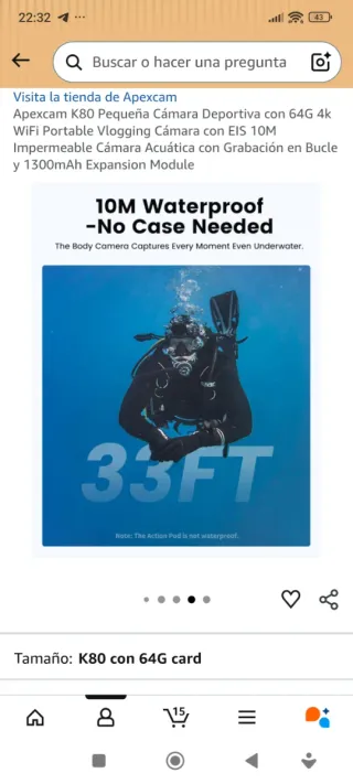 Cámara Deportiva K80 con tarjeta 64G