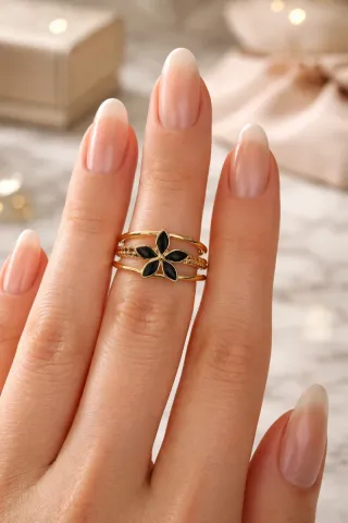 Anillo Acero Flor Negra Ajustable