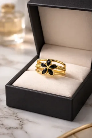 Anillo Acero Flor Negra Ajustable