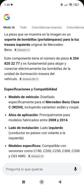 Portalámparas Mercedes C W204 Trasero Izquierdo