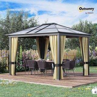 Gazebo esterno in alluminio 3x3,6 m con zanzariera e tetto in policarbonato, tenda da giardino in poliestere