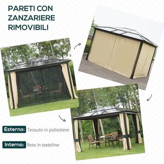 Gazebo esterno in alluminio 3x3,6 m con zanzariera e tetto in policarbonato, tenda da giardino in poliestere
