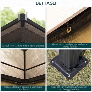 Gazebo esterno in alluminio 3x3,6 m con zanzariera e tetto in policarbonato, tenda da giardino in poliestere