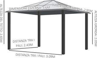 Gazebo esterno in alluminio 3x3,6 m con zanzariera e tetto in policarbonato, tenda da giardino in poliestere