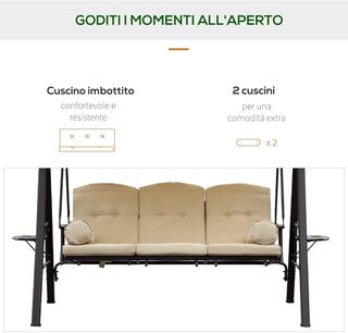 Dondolò da Giardino 3 Posti in Metallo, Dondolò da Esterno con Tetto Inclinabile e Cuscini Imbottiti, 208X121X172 Cm, Beige