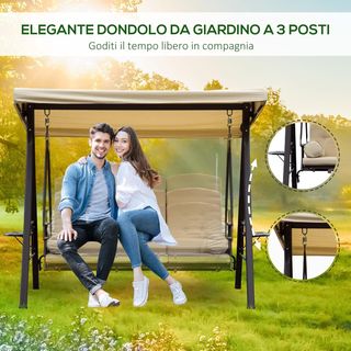 Dondolò da Giardino 3 Posti in Metallo, Dondolò da Esterno con Tetto Inclinabile e Cuscini Imbottiti, 208X121X172 Cm, Beige
